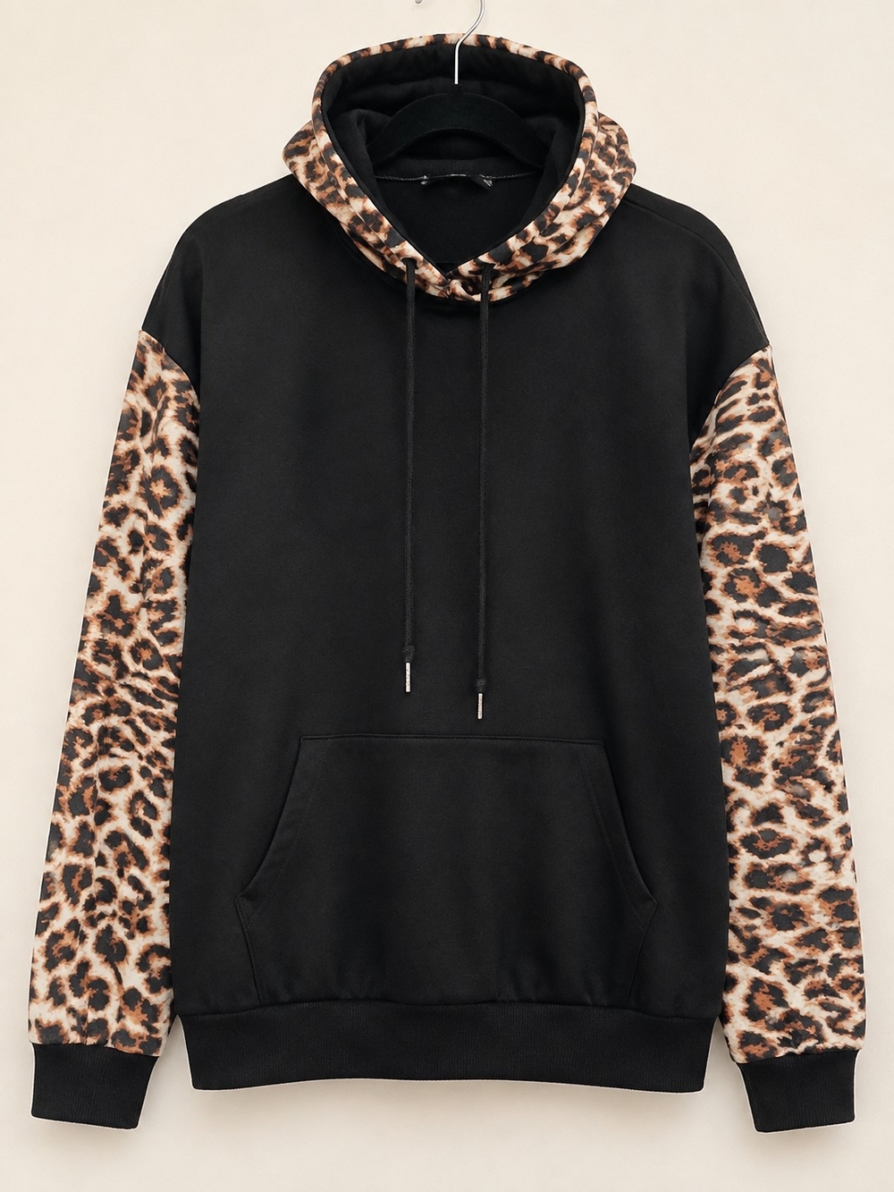 Black Hoodie Sweater with Leopard Print Sleeves